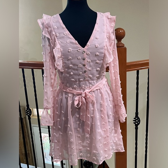 Woven Pink SWISS DOT, V NECK RUFFLE TRIM LONG SLEEVE FEMININE MINI DRESS SIZE M - Picture 7 of 13